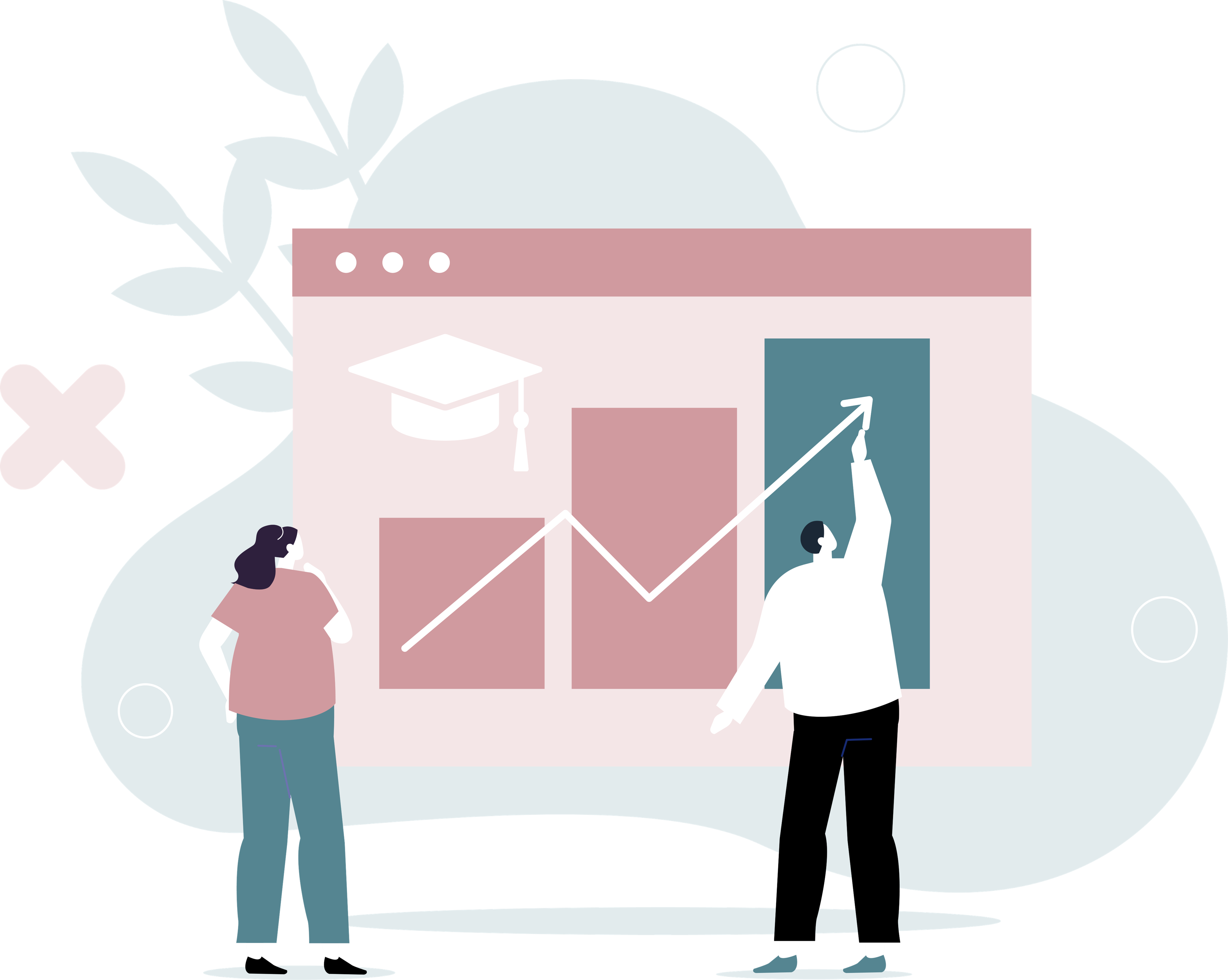 Graphic of two people working on a board showing a graph. 