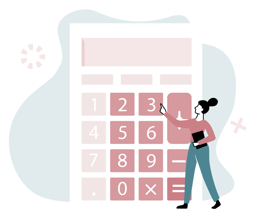 Graphic of a female pointing to a large calculator. 